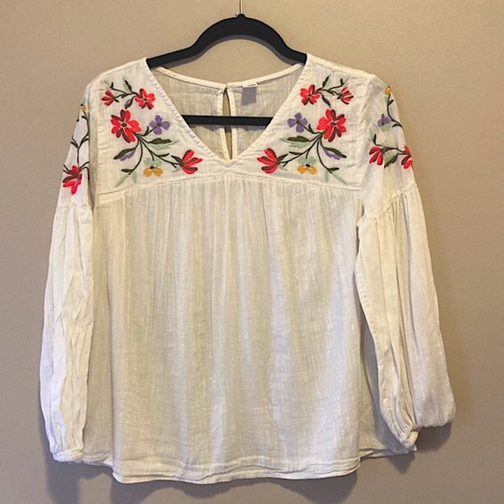 Old Navy, Boho Blouse, Peasant, Bishop Sleeve, Floral, Embroidery, XS